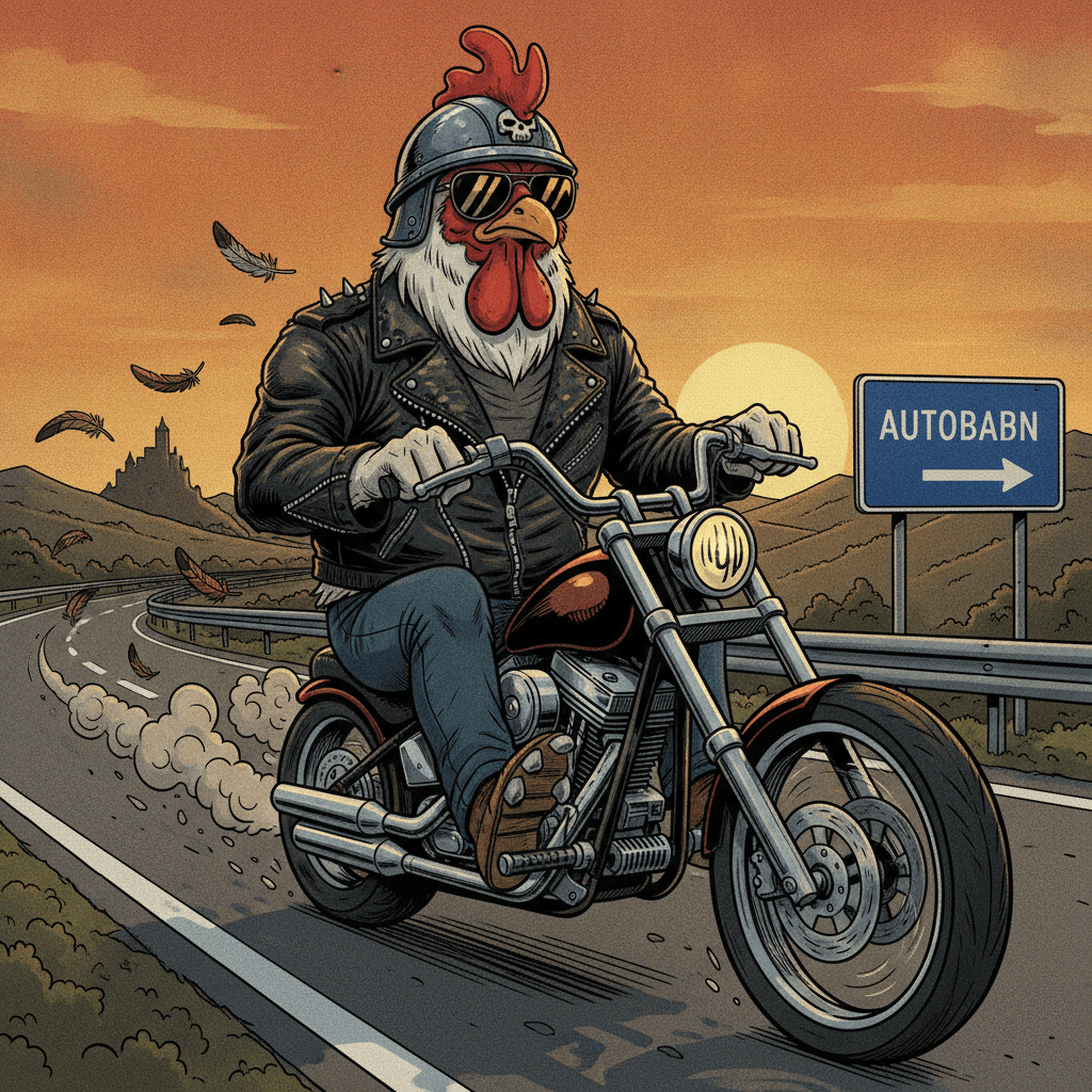 Hühnerbiker auf Motorrad